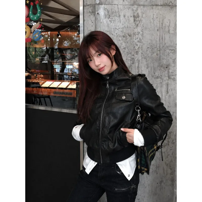 American Retro Black Cool Sa Style Leather Jacket Women's Coat Spring and Autumn Short High-end Foreign Style Slim Motorcycle