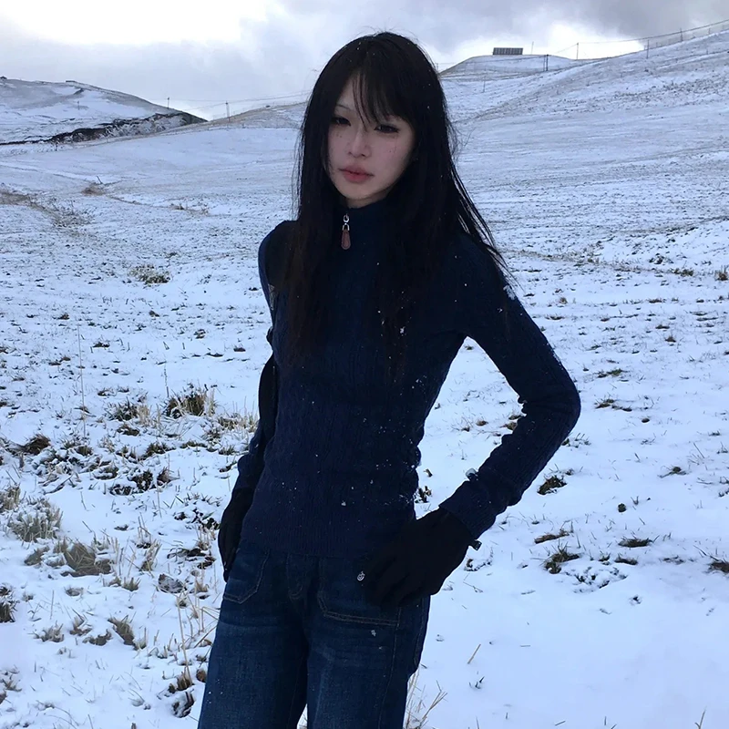 Karrram Japanese Y2k Slim Pullover Vintage Harajuku Navy Blue Sweater 2000s Style Knitted Tops Korean Fashion Knitwear Elegant