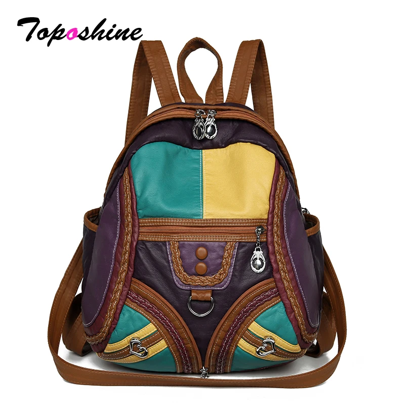 

Винтажный кожаный рюкзак Toposhine в стиле пэчворк с цветовыми блоками для женщин, богемный, ручной работы, с множеством карманов, повседневный, в этническом стиле