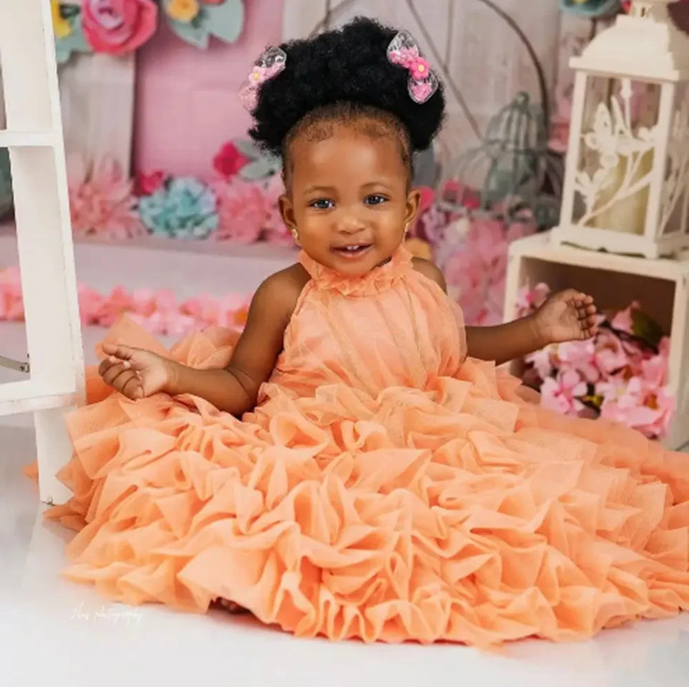 

Customized Orange Flower Girl Dresses For Wedding Lace Tulle Layered Sleeveless Baby Birthday Party First Communion Ball Gown