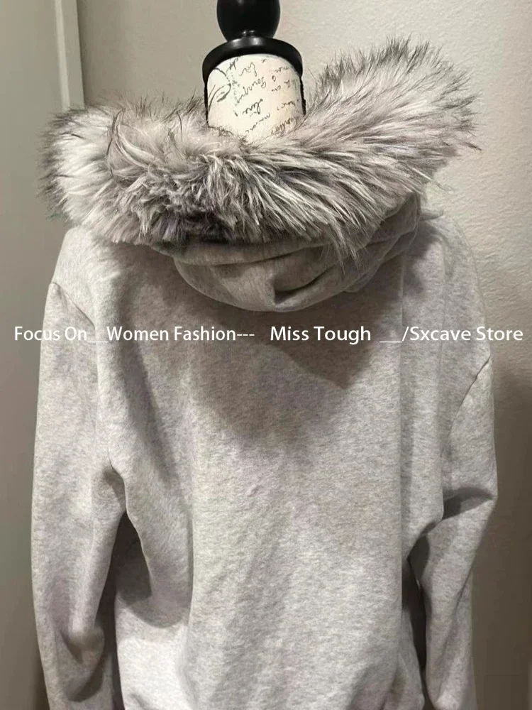 Print Zippers Hoodies Women Coat Casual Gray Femme Korean Fur Patchwork Hooded Sweatshirts Vintage Y2k Aesthetic Grunge Letter