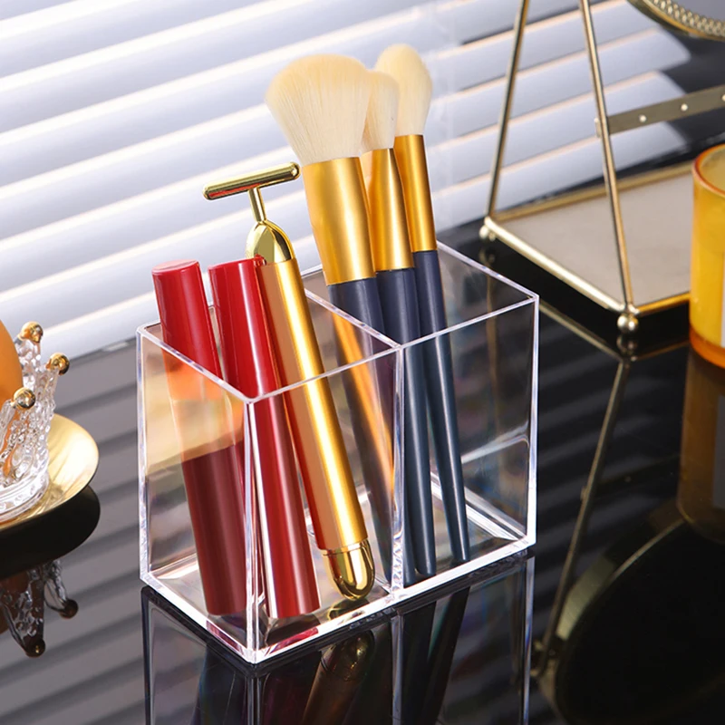 2 kisi transparan tempat kuas pensil alis Organizer untuk kosmetik Makeup Organizer kotak kuas wadah kotak penyimpanan