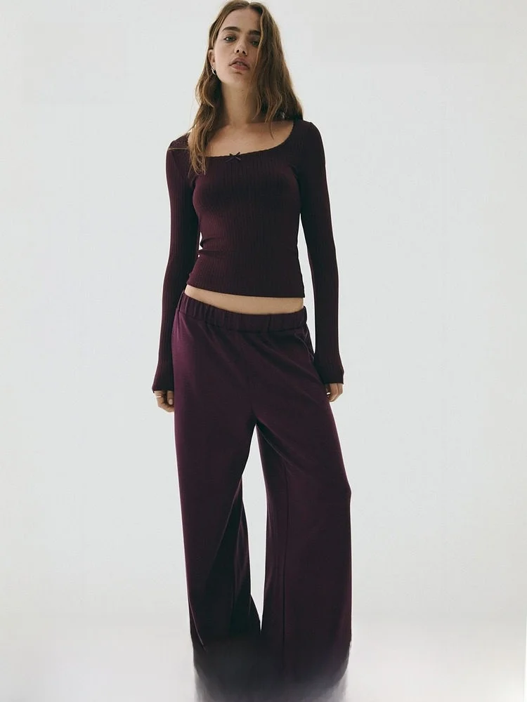 

H&M Summer New Women's Elastic Waist Wide Leg Pants Casual High Waist Polyester Rayon Spandex Blend Comfortable Fit Trousers