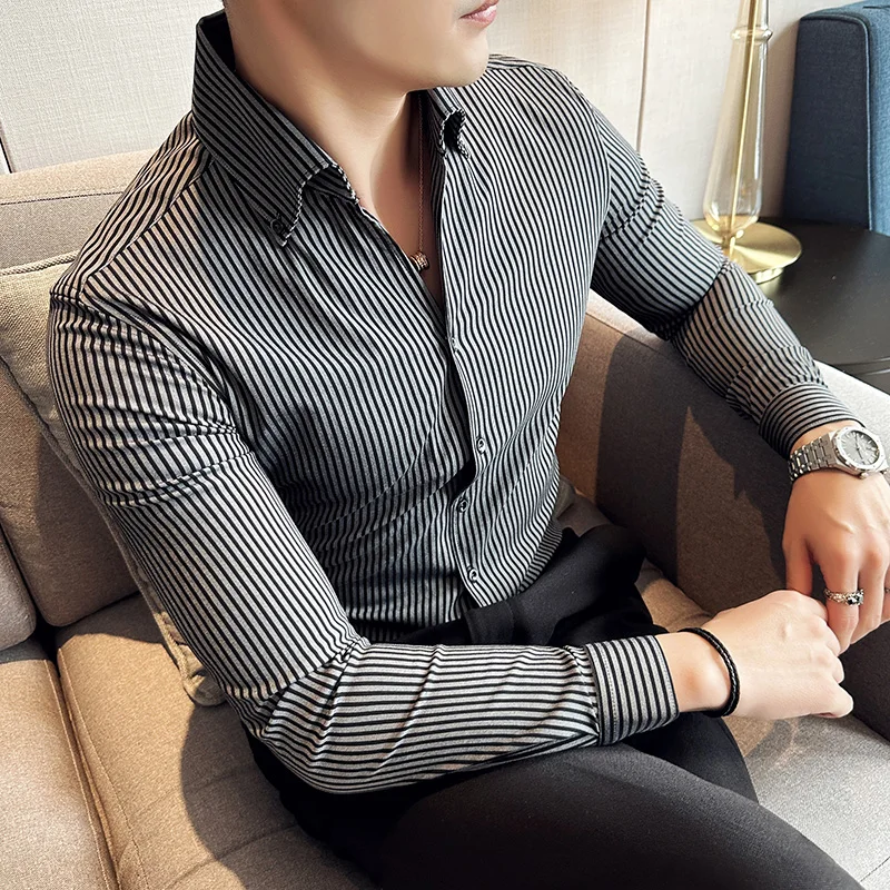 Men Clothing Slim Fit Business Formal Wear Men\'s Social Shirt Dress Tuxedo Stripe New Solid Long Sleeve Shirts Plus Size 4XL-M