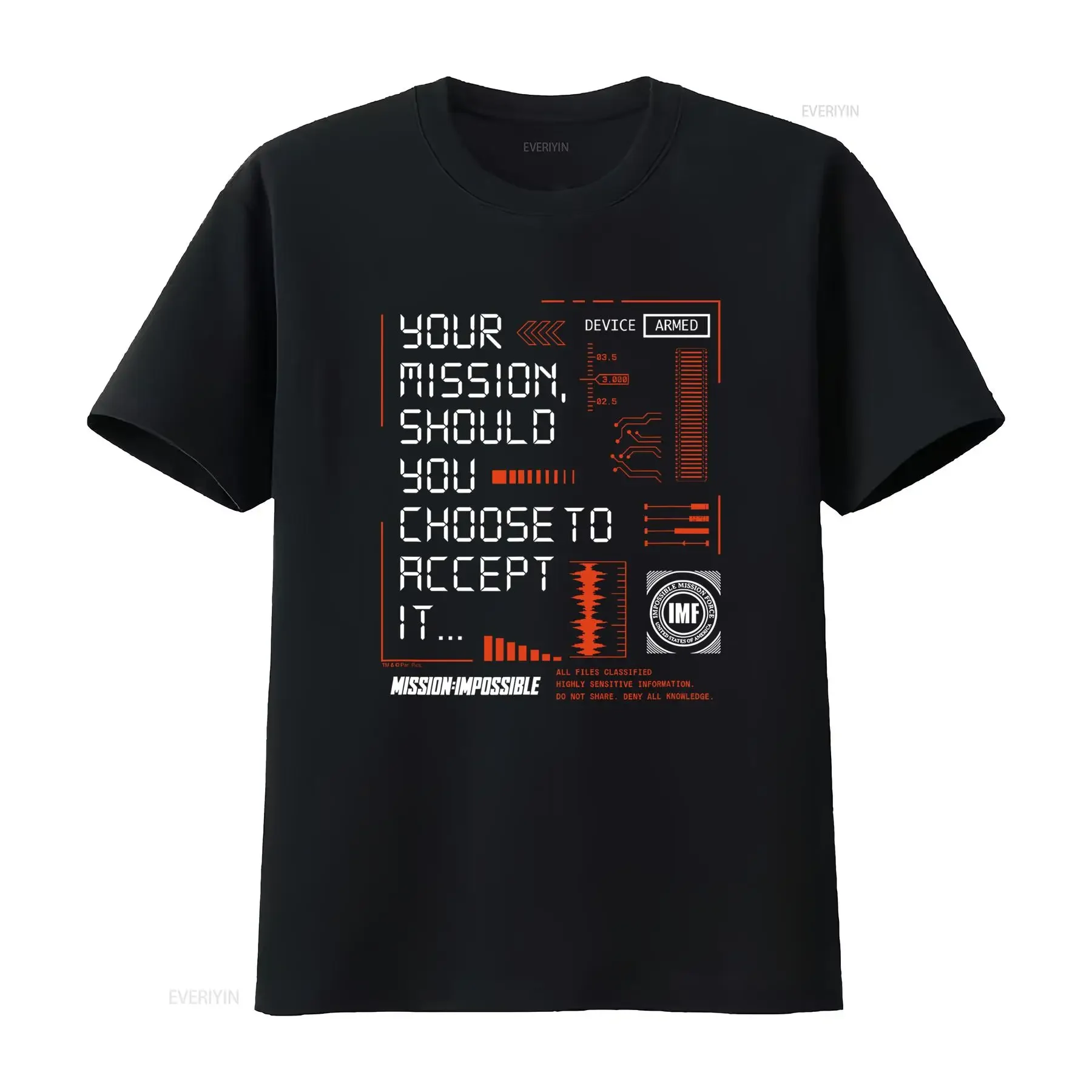 T-Shirt im Mission Impossible-Stil. Wenn Sie es annehmen möchten, Design mit bewaffneten Geräten, hochwertiger Druck, perfekt für Fans.