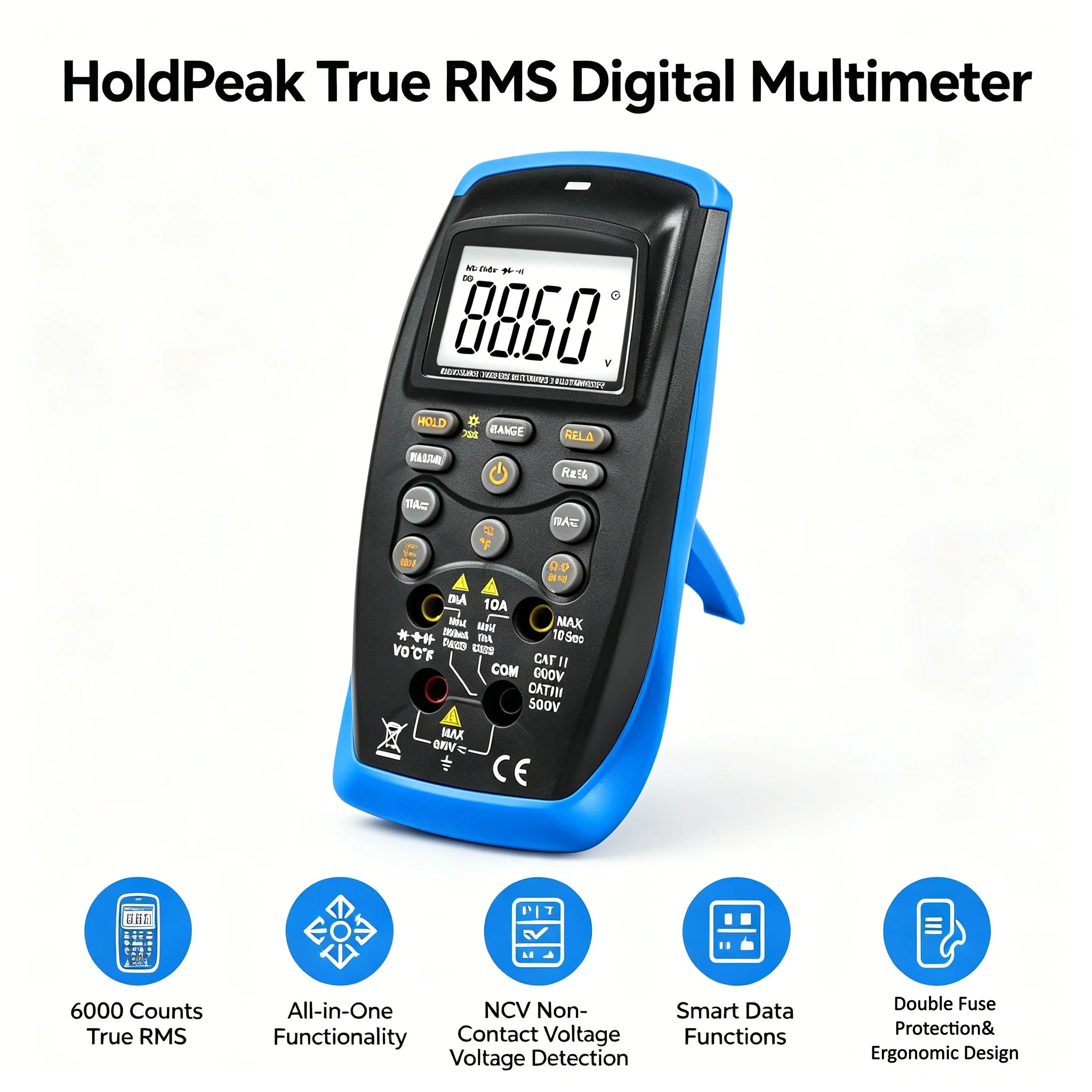 HoldPeak True RMS Digital Multimeter 6000Counts NCV CAT II 600V Dual Fuse for HVAC Auto Electrician DIY K-Type Thermocouple