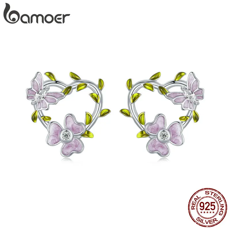 BAMOER 925 Sterling Silver Wisteria Flower & Butterfly Stud Earrings Heart Vine Earrings for Women Girls Romantic Fine Jewelry