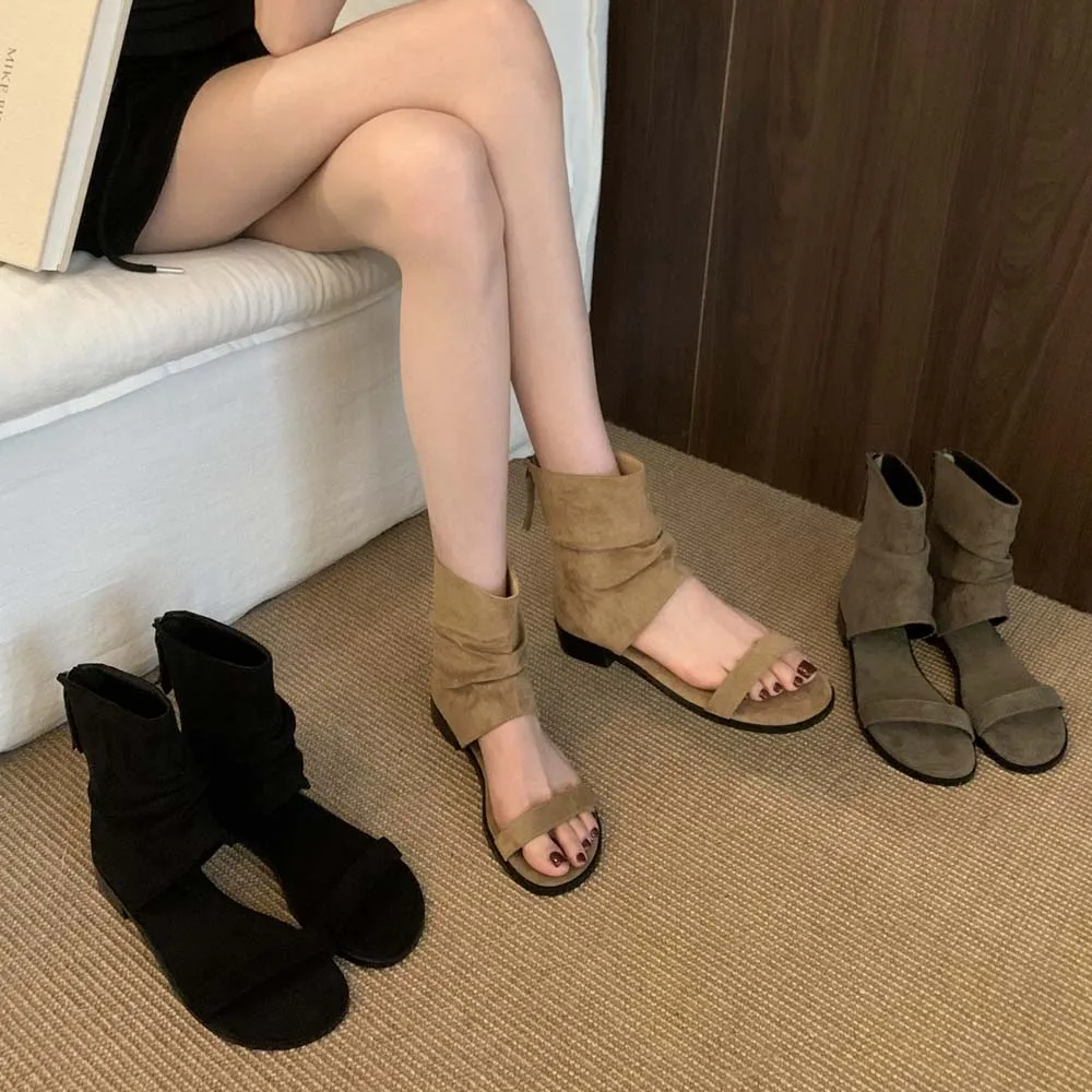 

Fashion Women Round Open Clip Toe Ankle Boots Sandals Short Booties Designer Summer Suede Leather Sock Booties with Zipper