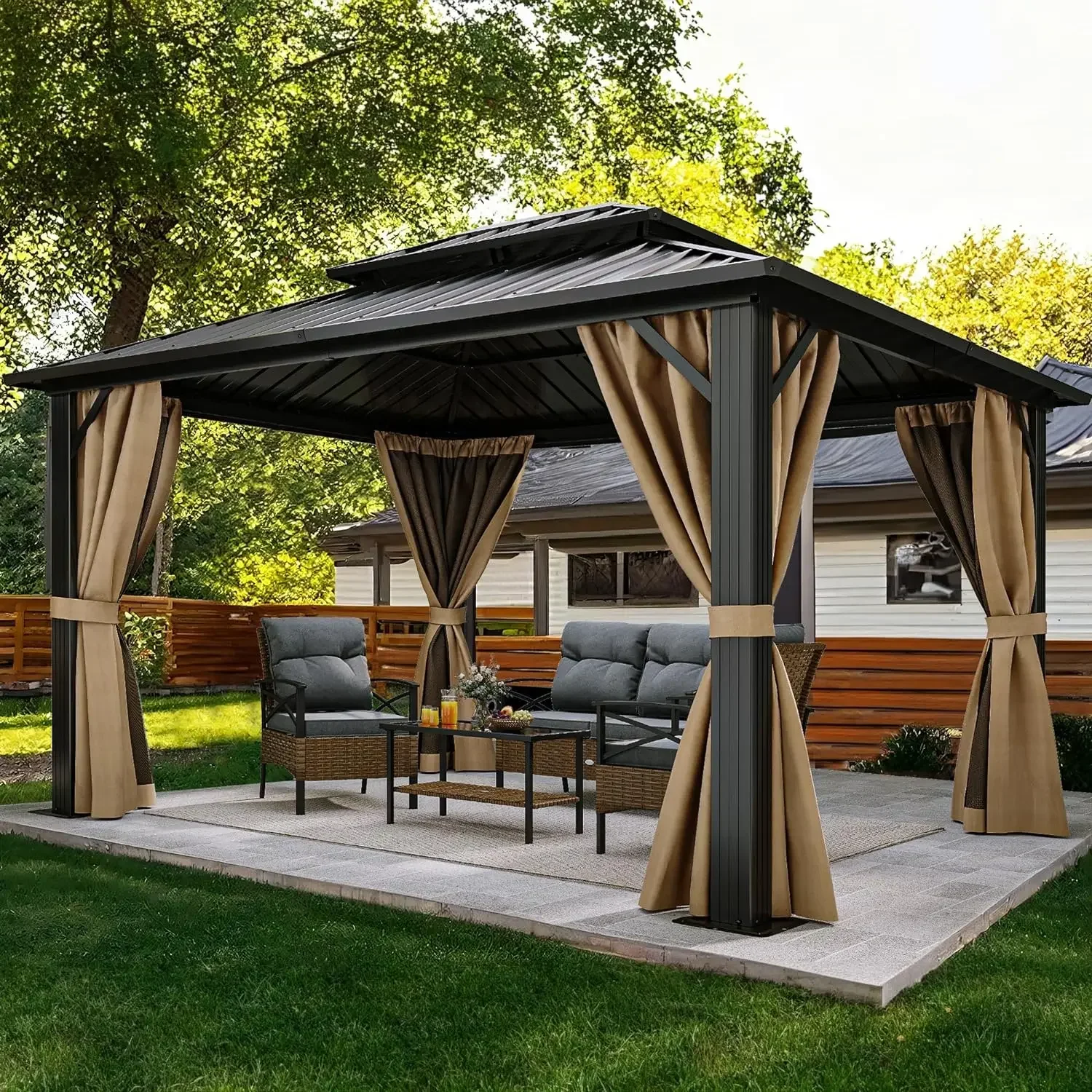 10x10/12ft Gazebo Double Roof Hardtop with Nettings and Curtains, Heavy Duty Galvanized Steel Outdoor Vertical Stripes