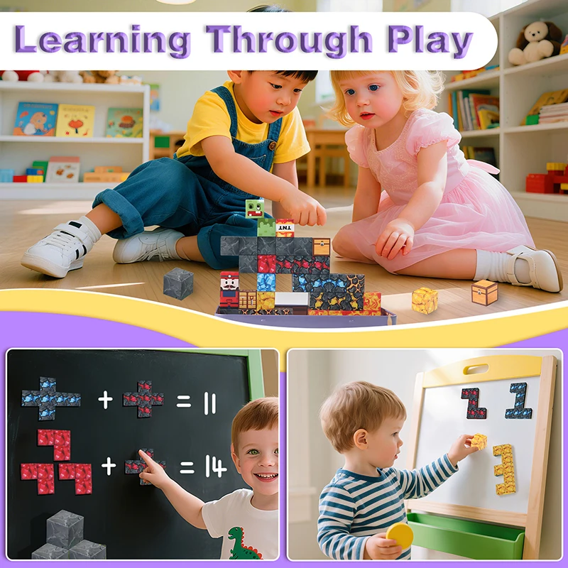 35 STKS Mijn-Thema Magnetische Bouwstenen Magneet Kubussen met Draagbare Ijzeren Doos STEM Zintuiglijke Reizen Speelgoed voor Kinderen Kerstcadeaus