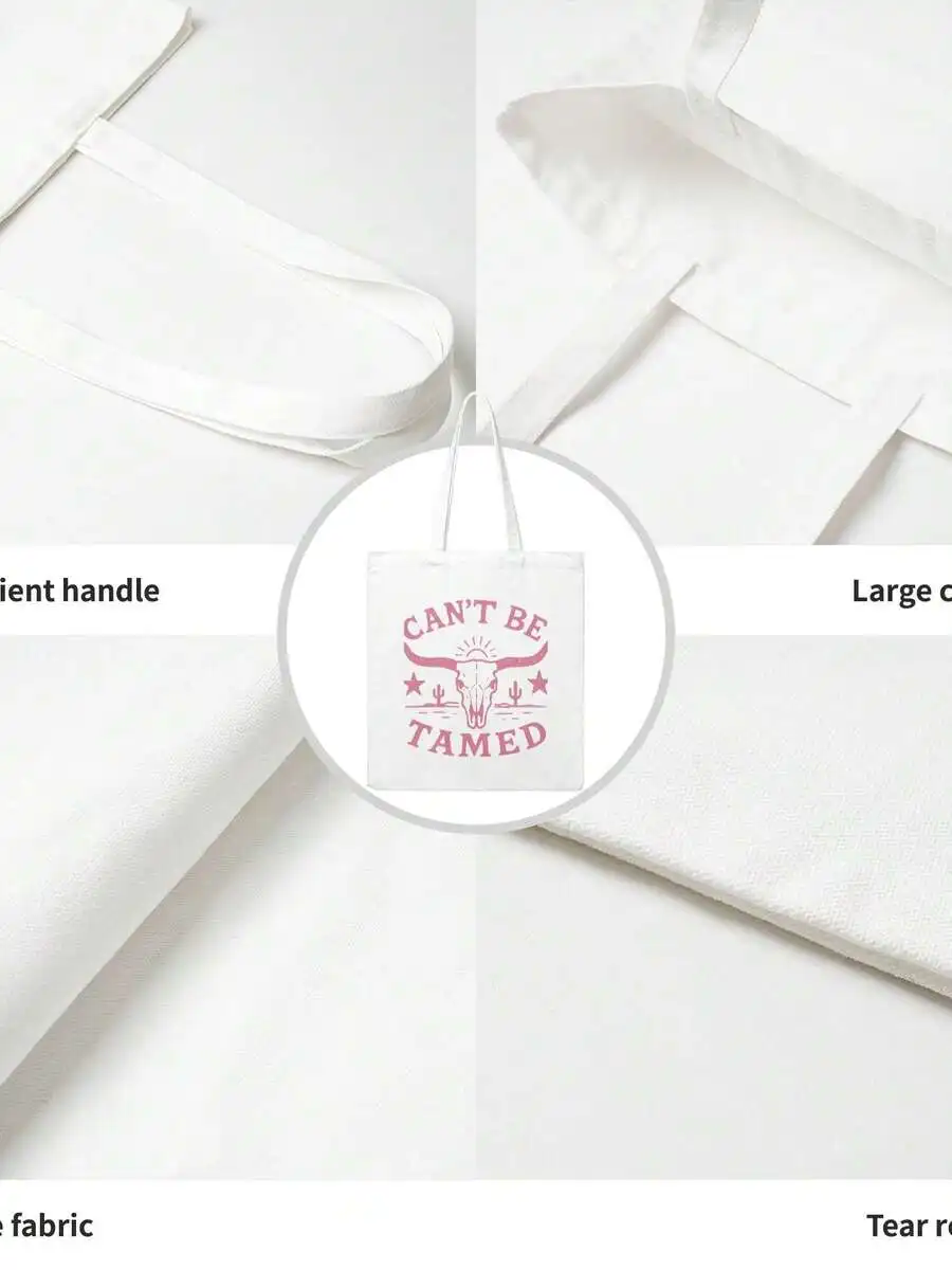 

Canvas Tote Bag With Pink Cow Skull Graphic Cant Be Tamed Unisex Shopping Bag