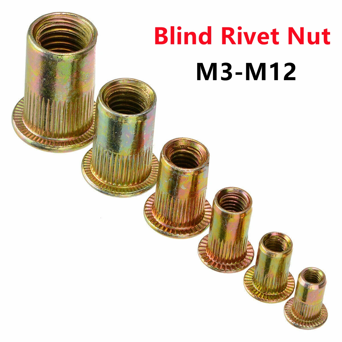 10-50pcs M3 M4 M5 M6 M8 M10 M12 Blind Rivet Nut Rivnut Yellow Zinc Plated Carbon Steel Threaded Inserts for Housings Panels