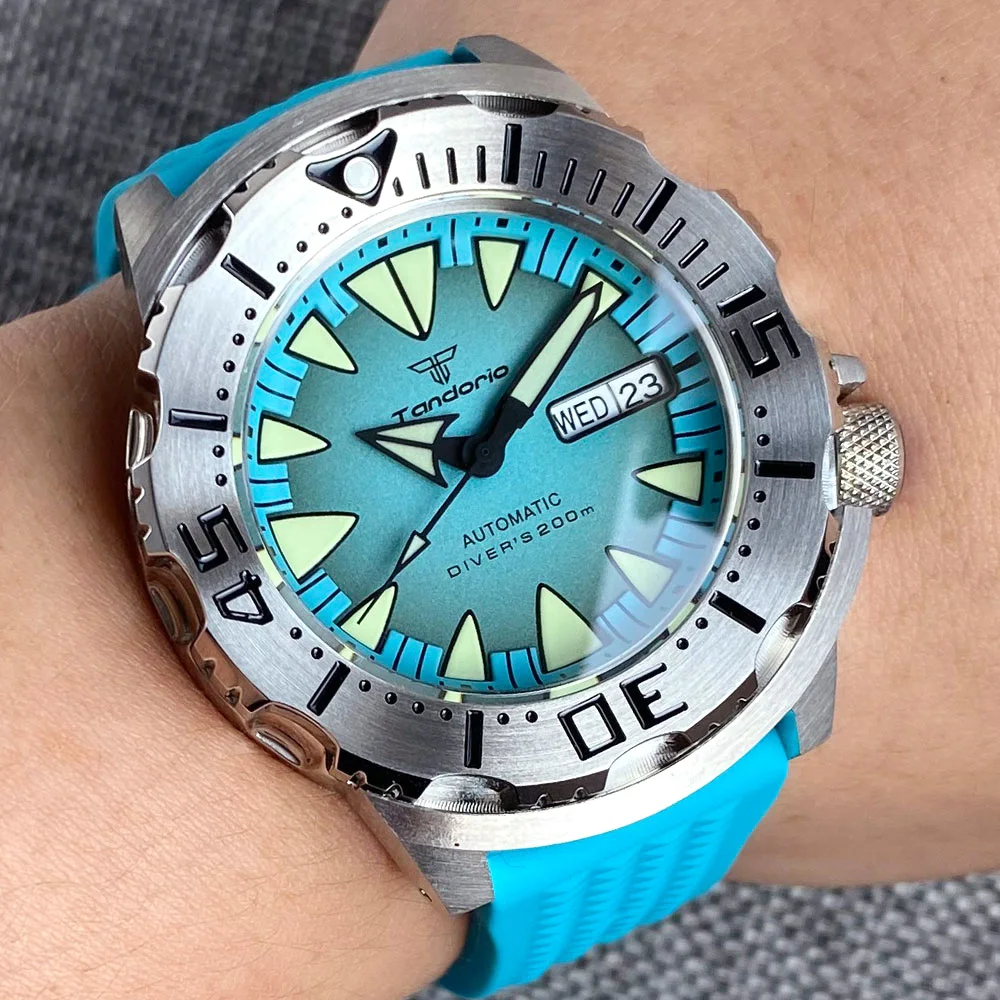 Tandorio reloj de pulsera automático de acero para buceo, cronógrafo resistente al agua de 200M, esfera azul cielo SEIK NH36 Movt, AR Sapphire