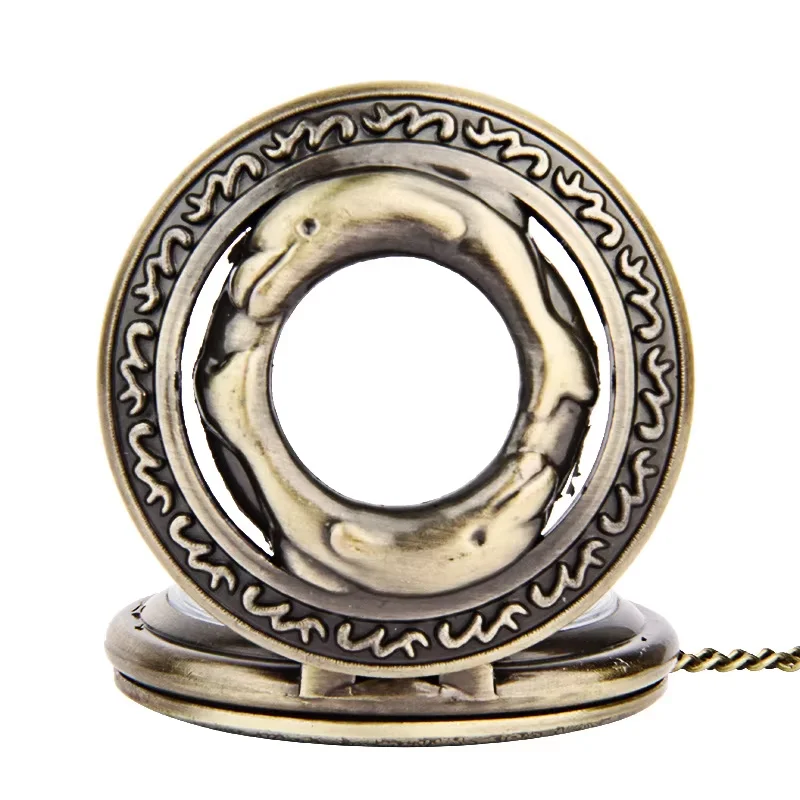 Large bronze lace openwork double dolphin end-to-end pocket watch hair retro pocket watch necklace 9039