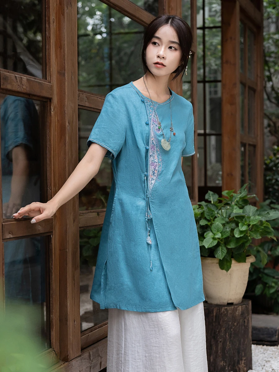 

Yuanzheng Feng Retro Linen ort Sve Embroidered irt Chinese Sle Mid-Length Women's Faion Summer Original Design Pur...