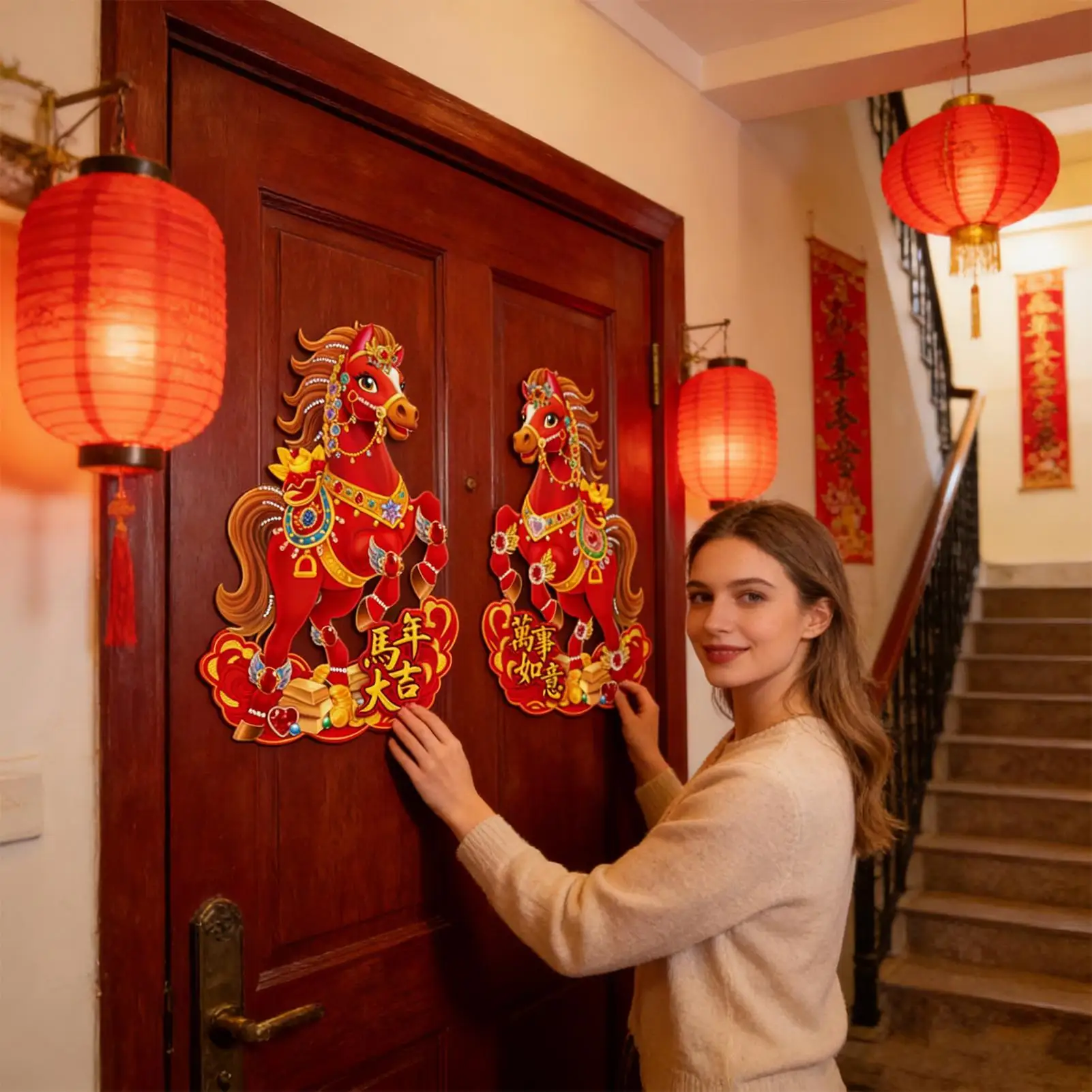 Letrero de puerta de Año Nuevo Chino, pancarta de caballo de papel, 2 piezas, letrero de puerta de vacaciones de pared roja para Patio exterior, dormitorio, entrada, lugar de trabajo