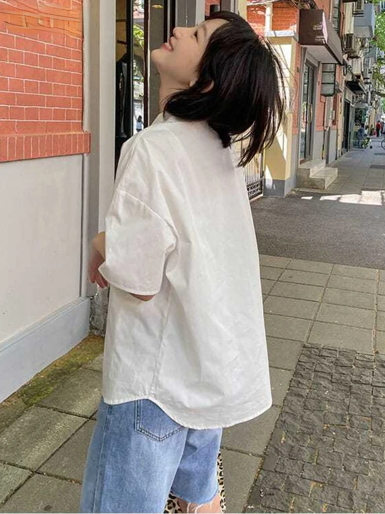 Preppy Style Shirts Women Retro All-match Daily Students Casual Summer Single Breasted Japanese Basic Pockets Solid Ins Fashion