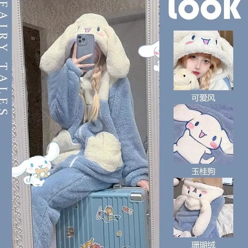 Cinnamoroll Kawaii Plush Pajamas Suit Sanrioed Cartoon Spring Winter Women Hooded Homewear Cute Girls Thickened Sweet Tops Pants