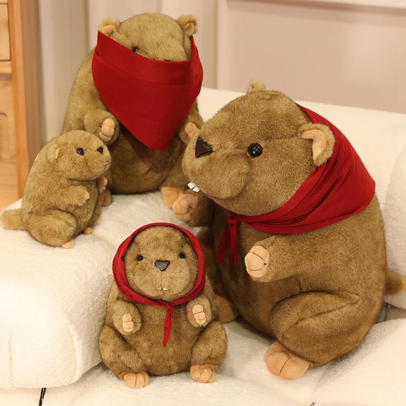 Muñeco de peluche de marmota realista, varios tamaños, cómodo y cálido relleno de algodón, bufanda roja, muñeco de marmota Kawaii, decoración del hogar, bonito regalo