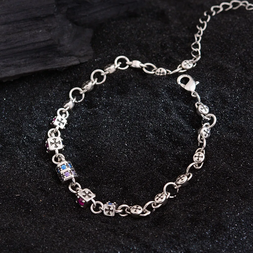 New Arrival Vintage Cross Design Colorful Crystal Thai Silver Ladies Charm Bracelet Promotion Jewelry For Women Gifts