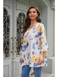 Damska letnia bluzka Plus Size 1XL-8XL z dekoltem w serek i półrękawkiem z kwiatowym nadrukiem Elegancka damska bluzka z krótkim rękawem z nadrukiem