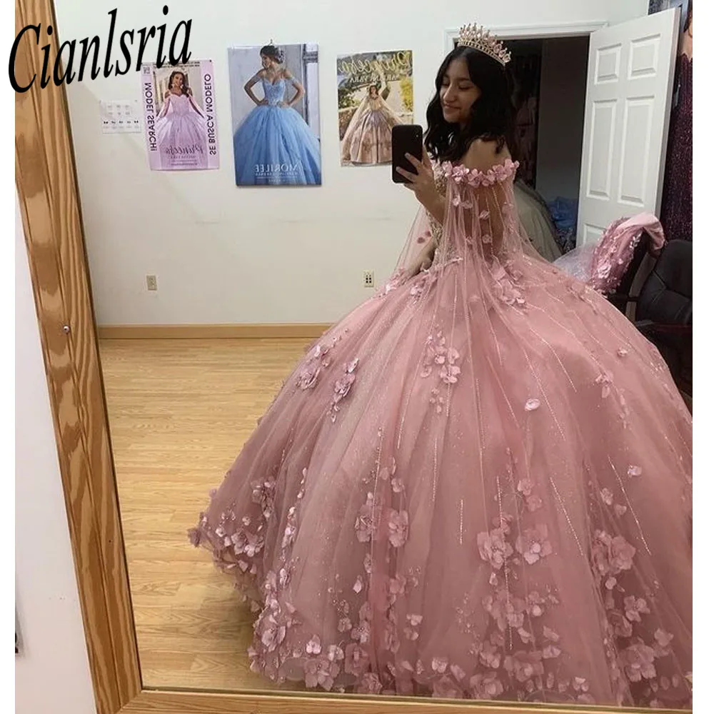 Pink Sweet 16 Quinceanera Dress 2023 Sparkly Lace Appliques Sequins 3D Flowers Princess Ball Gown Vestidos De 15 Años