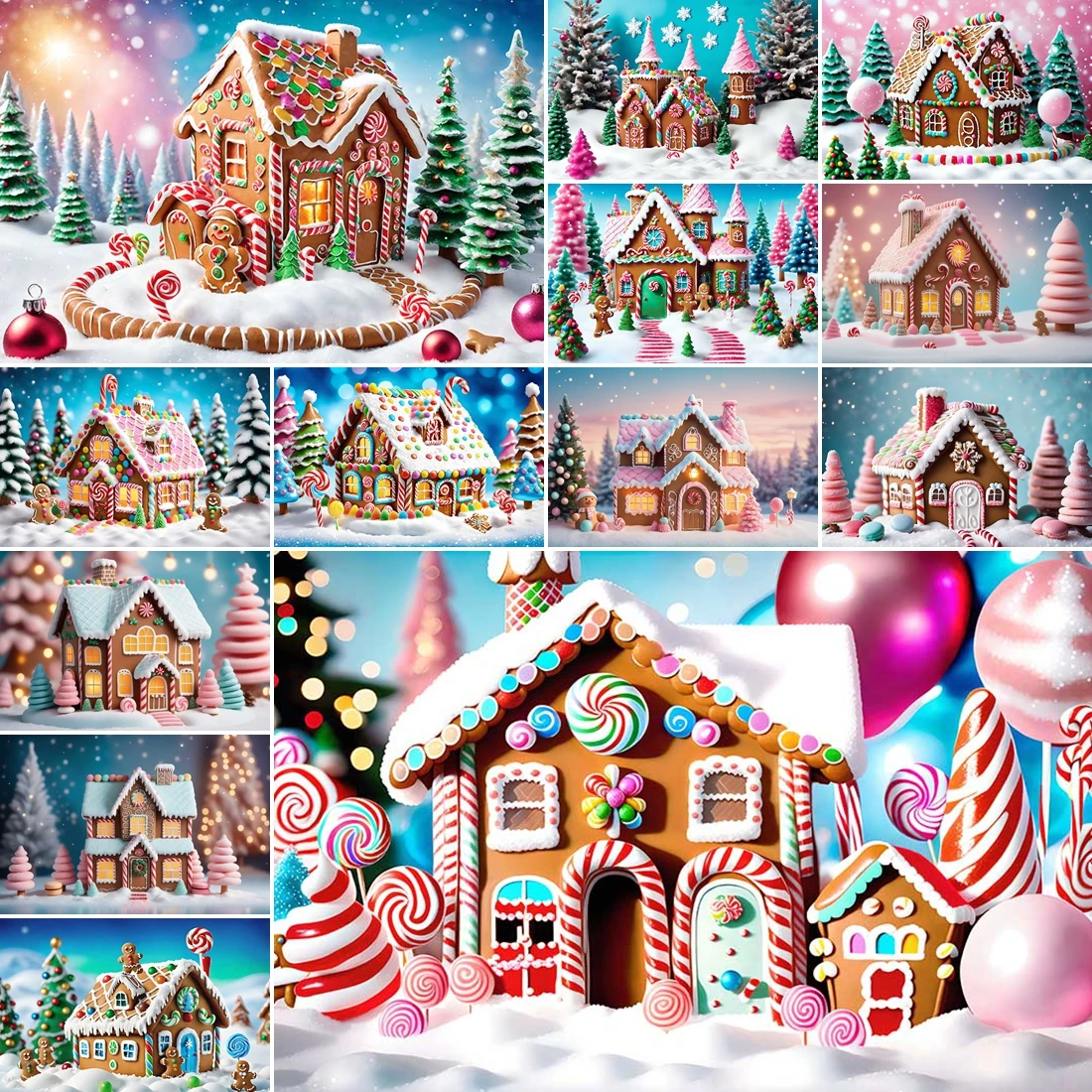 

MOON.QG Christmas Gingerbread House Backdrops For Photography Candy Lollipop Bokeh Forest Photo Background Child Photo Studio