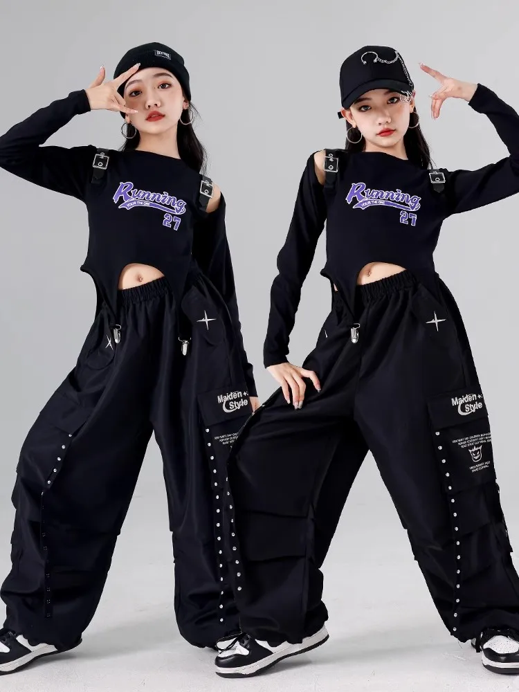 

Black Hip Hop Dance Clothes For Girls Long Sleeves Navel Tops Pants Jazz Practice Clothing Team Stage Performance Costume L14395