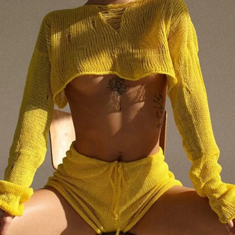 Sexy Beach Crop Top Shorts Sets Women Knit Long Sleeve Lace Up Female Suit Summer Holiday See Through 2 Piece Set Womens