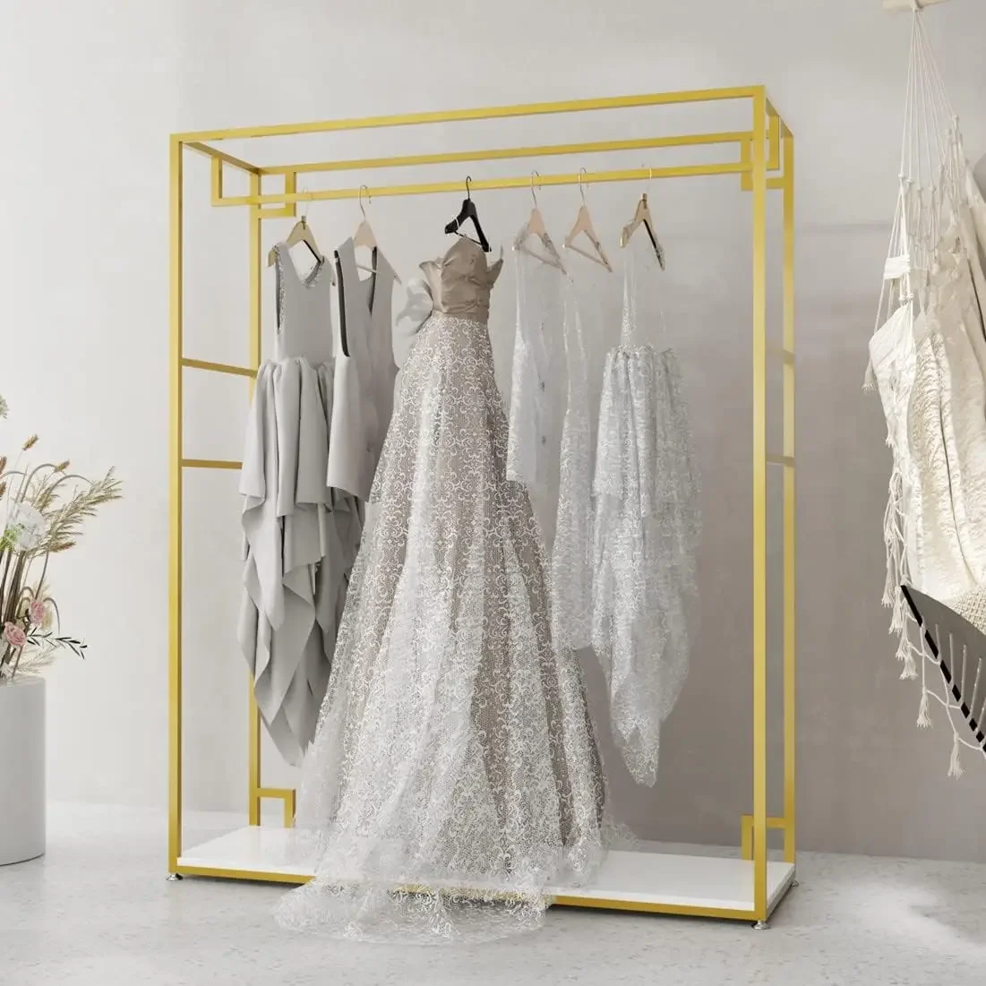 

Gold Clothing Racks with Shelves, Weeding Dress Retail Clothes Rack,Freestanding Rack, Shoes Bags Clothes Organizer Gar