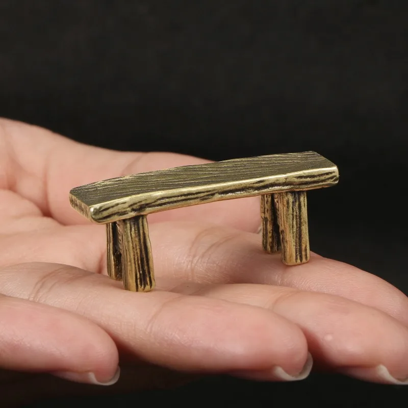 1 PC Solid Brass Carved Small Bench Handheld Piece Ornament Tea Pet Desk Auto Decor Collectible Vintage Copper Craft Figurines
