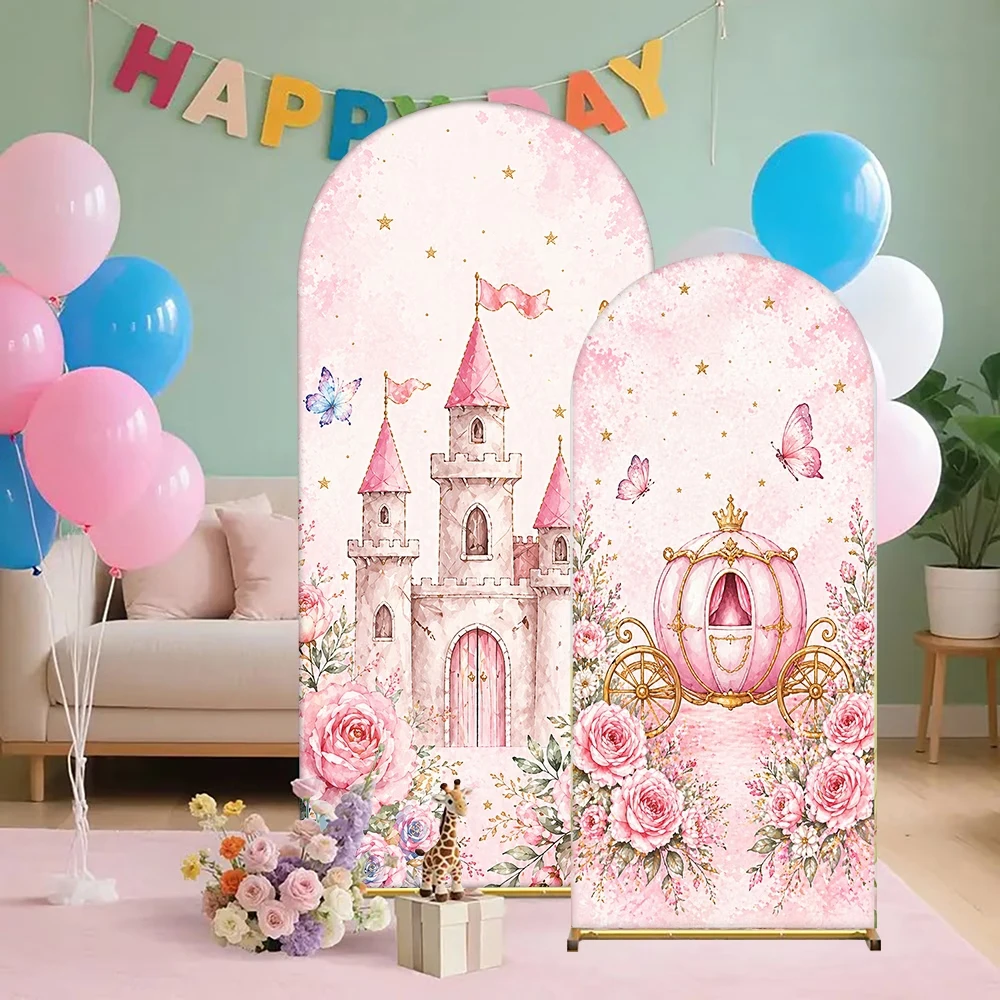 Pink Castle Princess Birthday Background Once Upon a Time Party Props Flowers Butterfly Royal Carriage Baby Shower Arch Backdrop