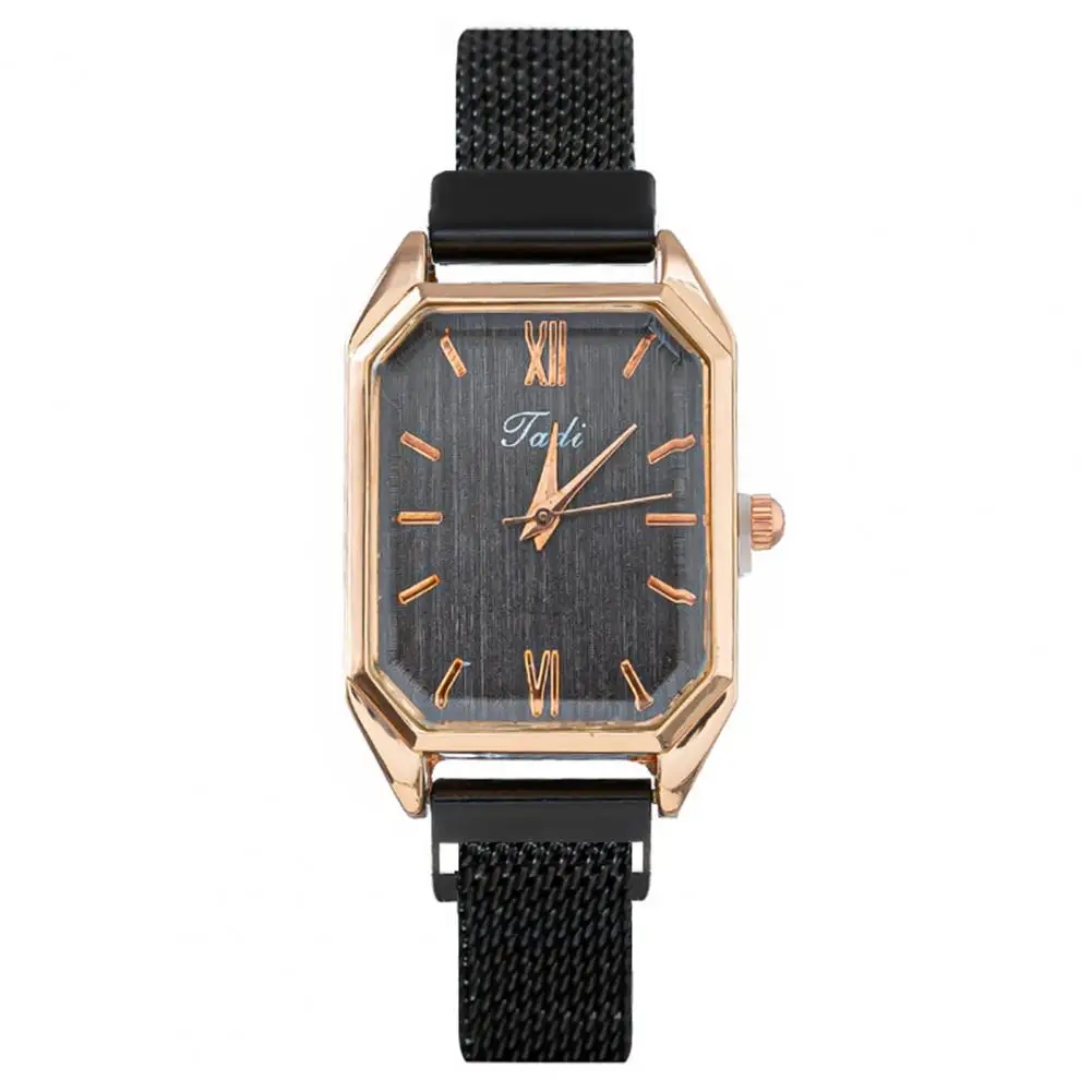 Women Watch Quartz Movement Square Dial Magnetic Mesh Band Roman Number Time-checking Lady Daily Wristwatch Dating Timepiece