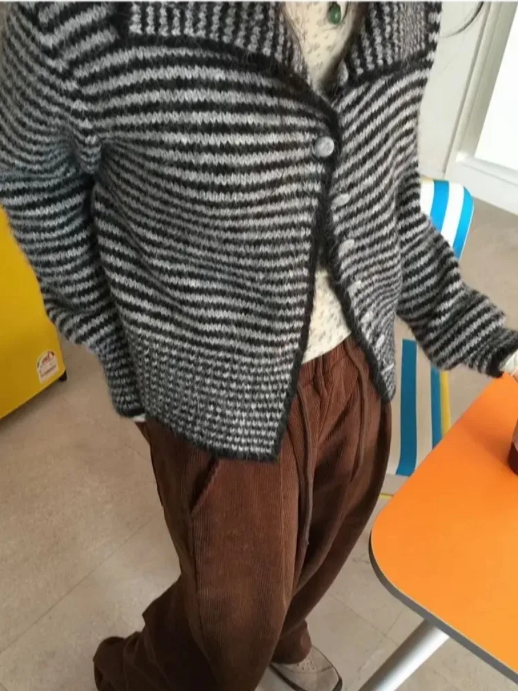 

Мягкий вязаный открытый кардиган в полоску, женский свитер с маленькими пуговицами, универсальное осеннее новое удобное пальто цвета Agel Blo