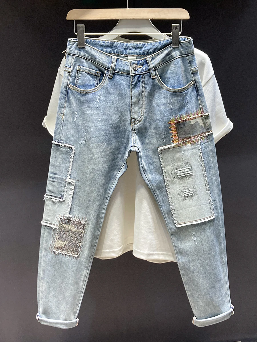 

Trendy Men's Jeans Patched Slim Fit American Sle Retro Spring Long Pants Youthful ular Cotton Polyester Spandex Blend