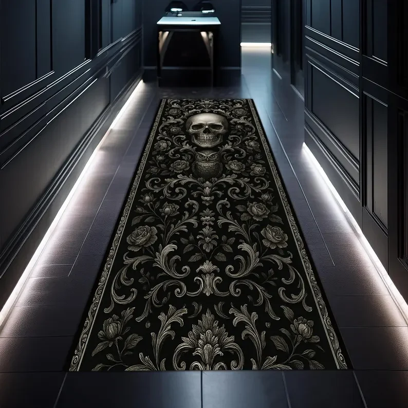 

Gothic Skull Owl Runner Rug Dark Baroque Floral Carpet Black Hallway Rug Occult Gothic Home Decor Creepy Elegant Floor Mat