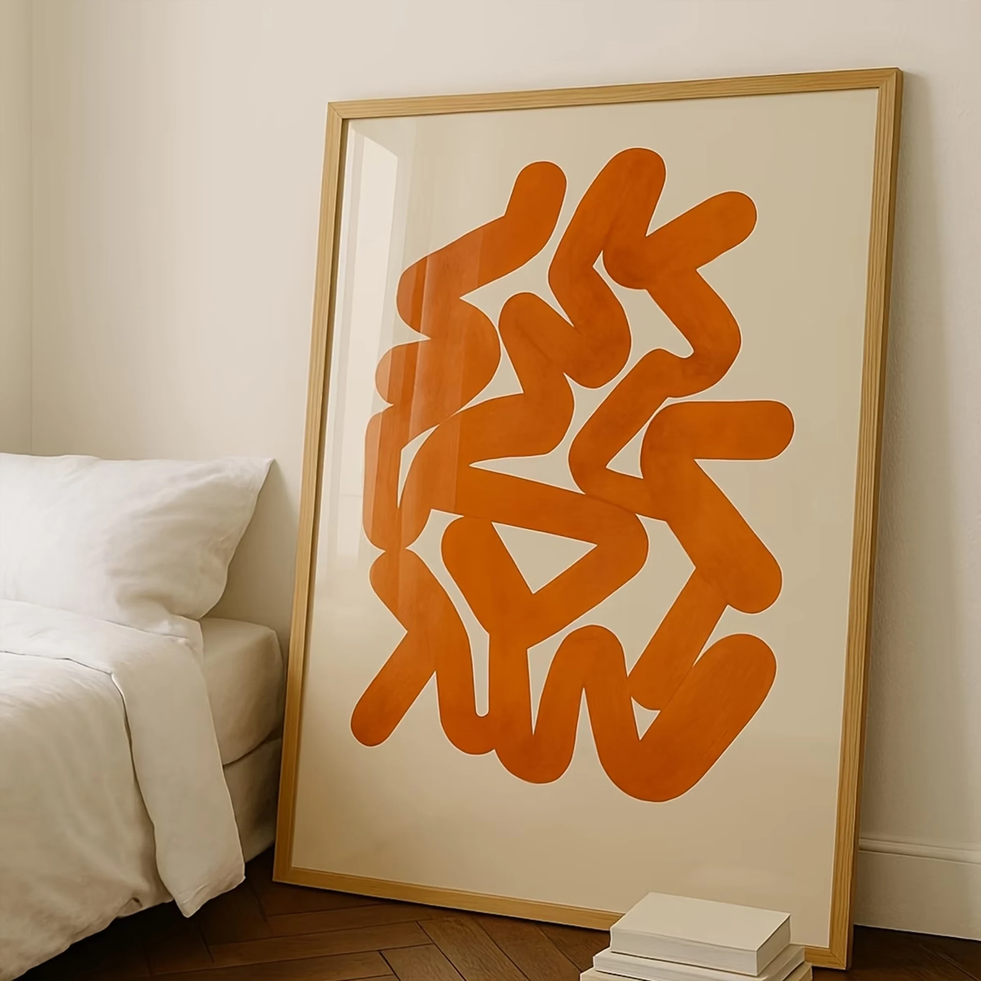 Retro Abstract Orange Strokes, Organic Curved Line Wall Art Print Canvas Painting Poster Picture For Bedroom Home Decor