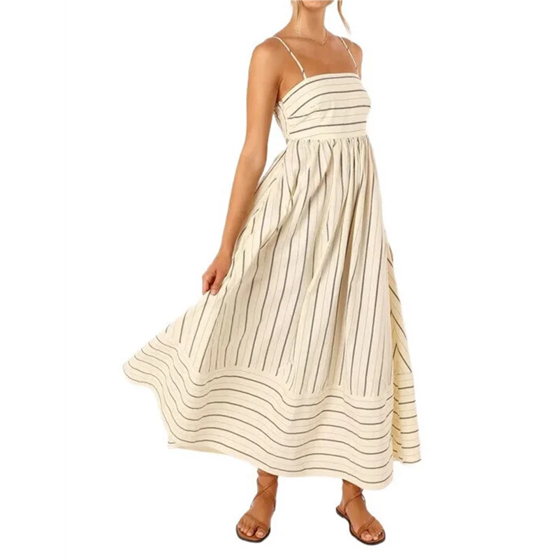 【SEE】Women's Striped Back Smocked Maxi Dress Spaghetti Strap Cut Out Flowy Swing Long Dress