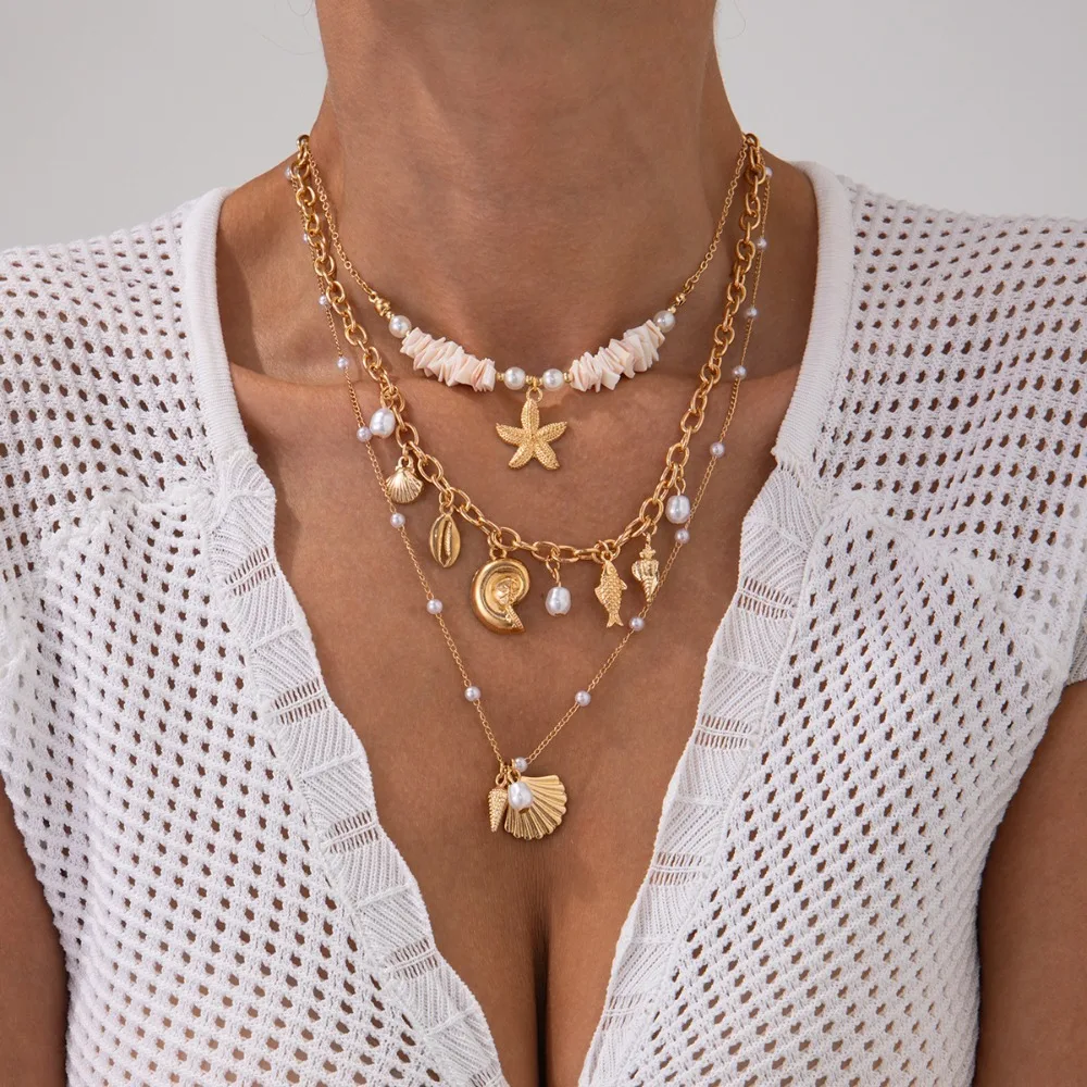 

Boho Starfish Conch Necklace Necklace Set Y2K Accessories Shell Pendant Choker Pearl Beach Jewelry Multilayer Clavicle Chain