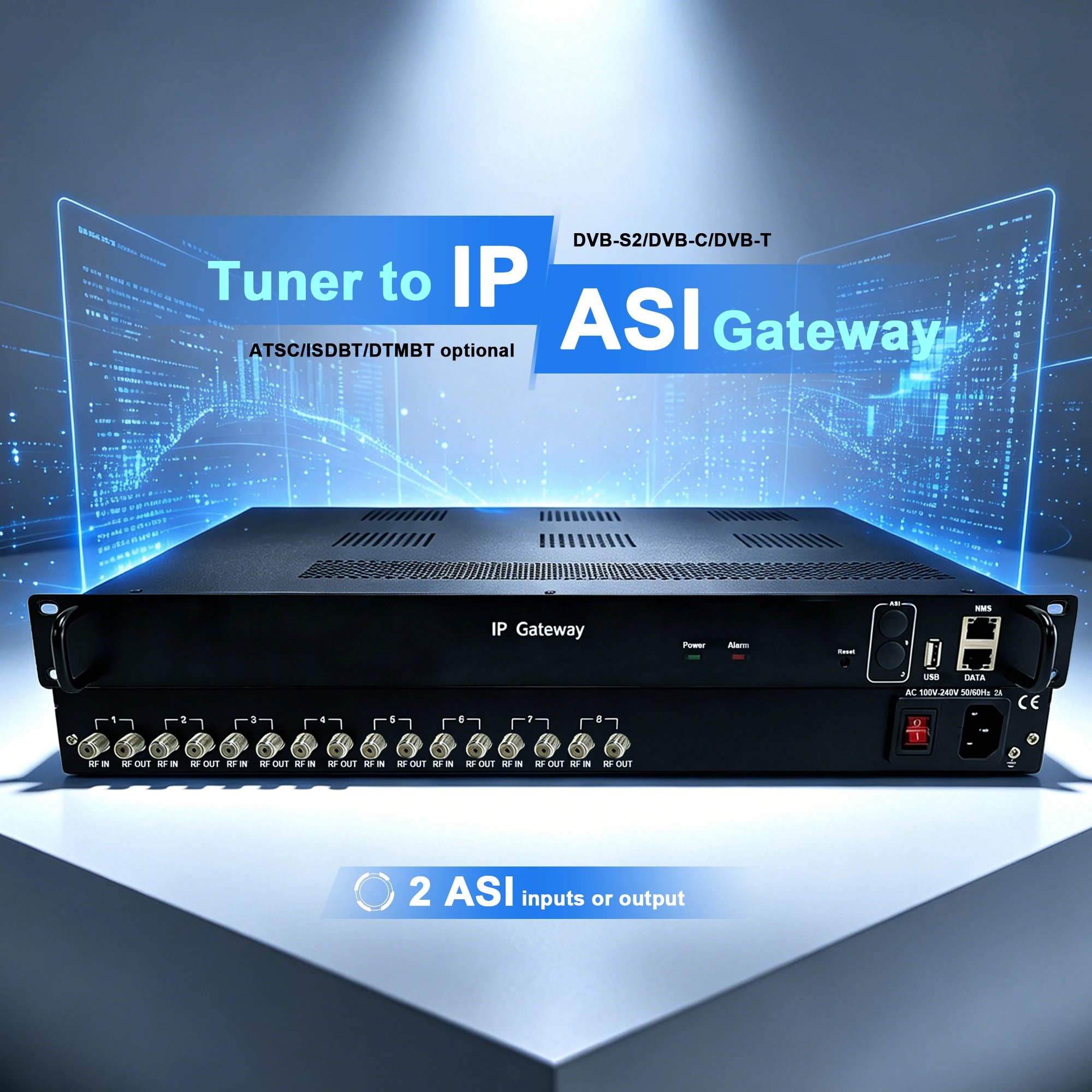 

IP Gateway 8-channel Tuner to IP ASI DVB-S2, S2X, DVB-T2, TDT, ATSC, ISDB-T and DVB-C Receiver (IRD)