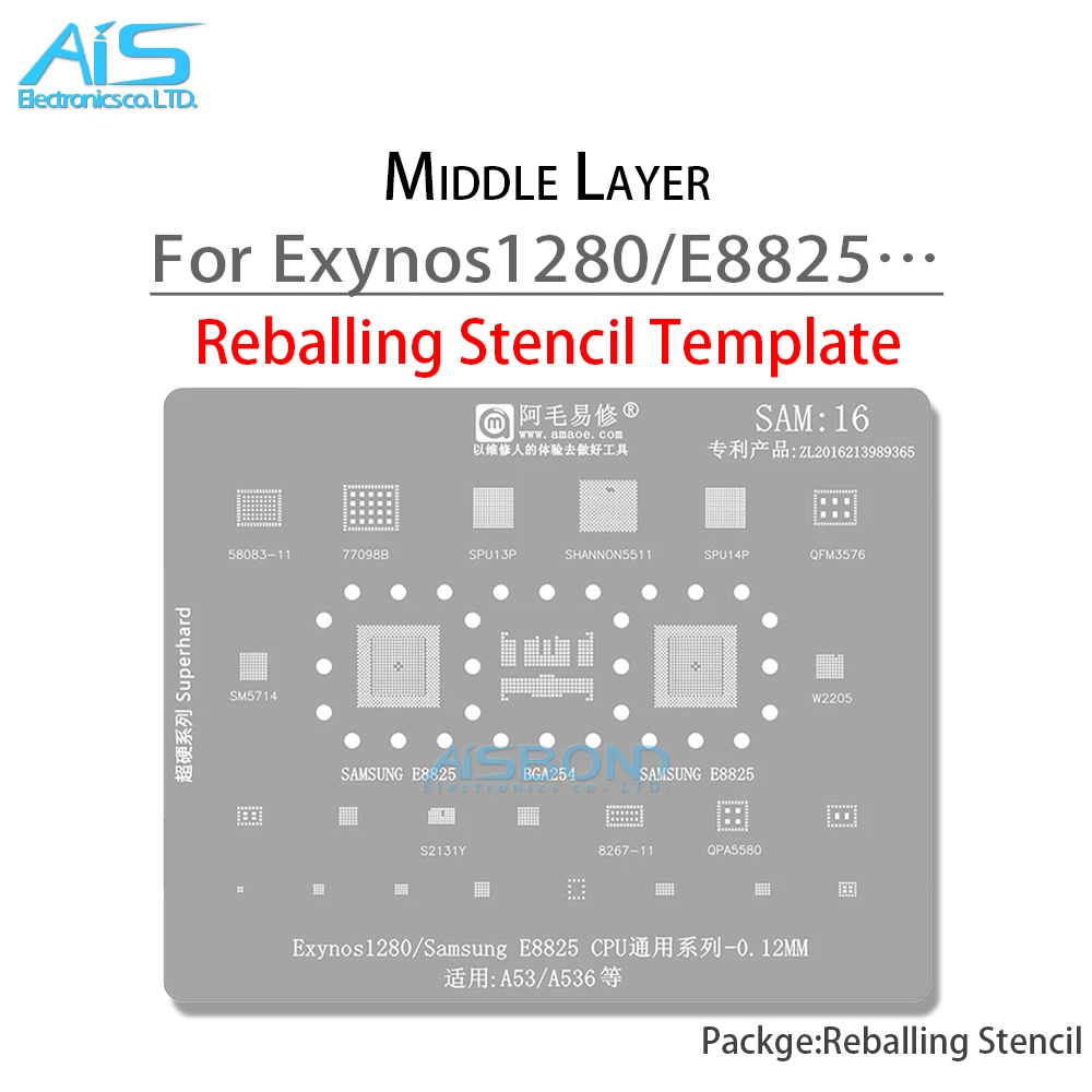 SAM16 BGA Reballing Stencil per Samsung A53 A536 Exynos 1280 E8825 CPU SPU13 SHANNON5511 S5511 EMMC DDR 77098B RF Power IC