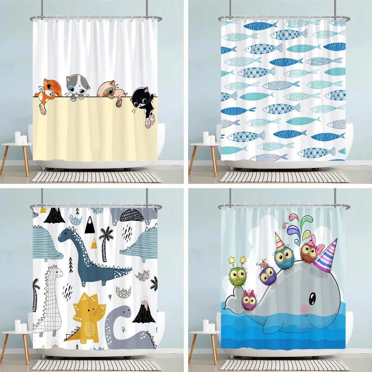 Kids Cartoon Animal Shower Curtain Funny Letters Blue Watercolour Fish Polyester Fabric Washable Shower Curtains Bathroom Decor