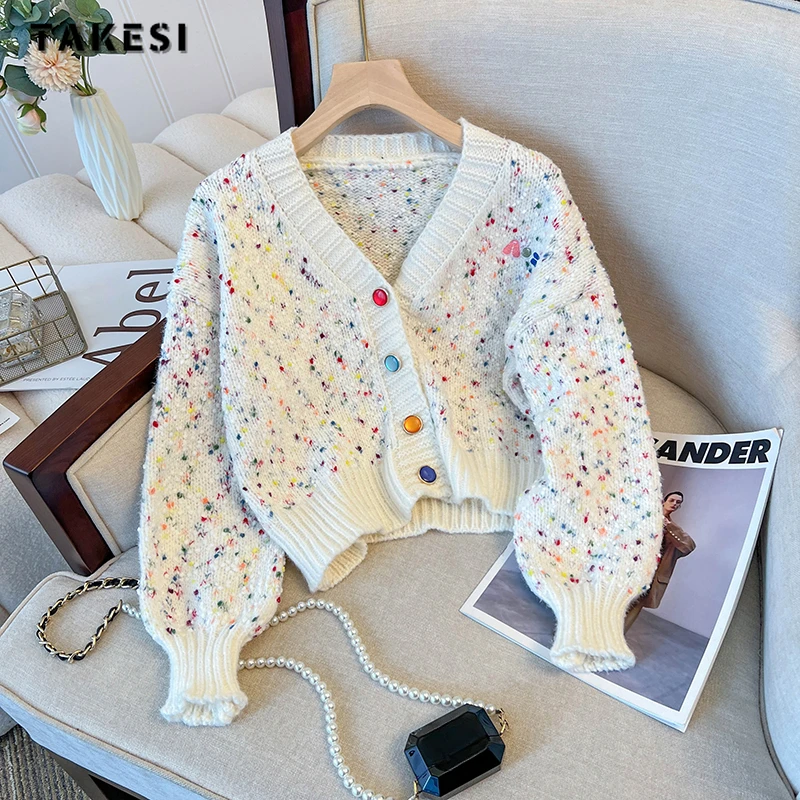 Sweet Color Dot Print Short Woman Sweater Top V-neck Puff Sleeve Slim Cardigan Autumn Panelled Color Design Female Knitted Coat