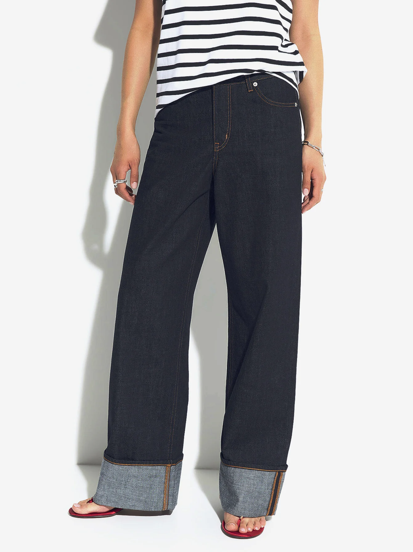 New autumn style plain-colored dark denim pants, denim style five-pocket casual pants, rolled-edge loose-fit high-waist non-elas