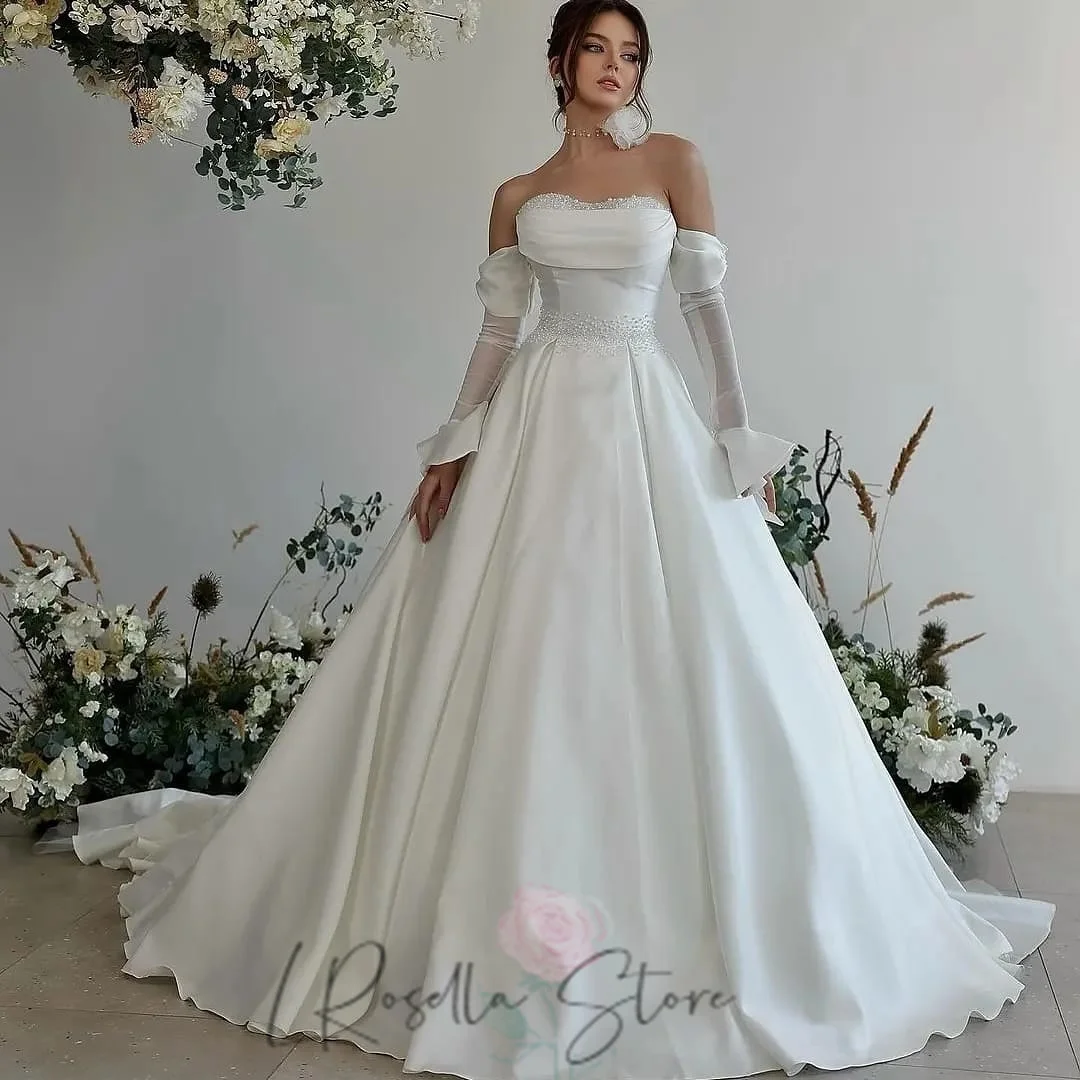 Sweetheart Neckline Pleat Satin Royal Princess Wedding Dress with Chiffon Sleeves Sequined Pearls Court Train Women Dress