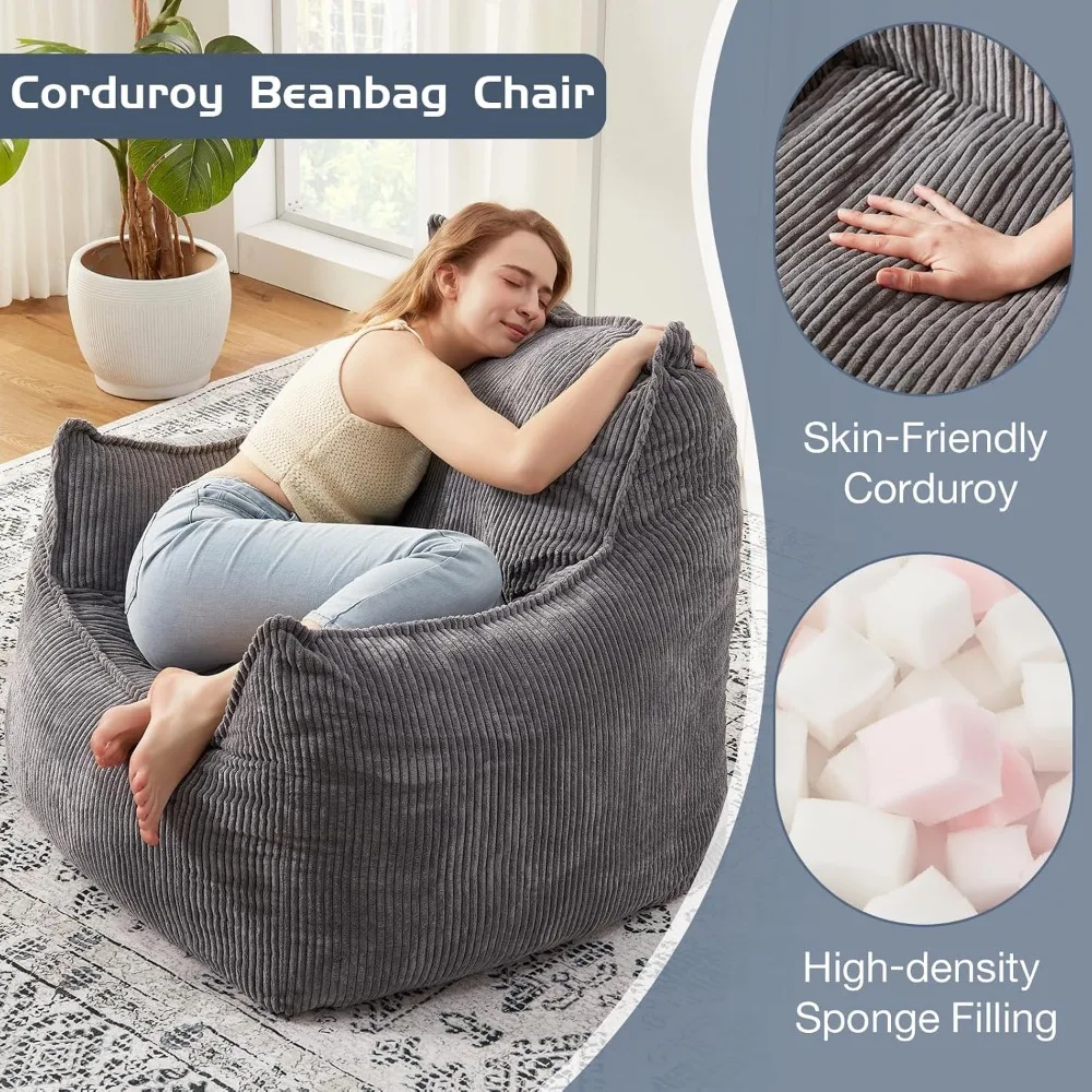 Giant Bean Bag Chair Sofa for Adults Teens, Comfy Corduroy Large Bean Bag Chairs with Armrests for Bedroom Living Room, Adult Be