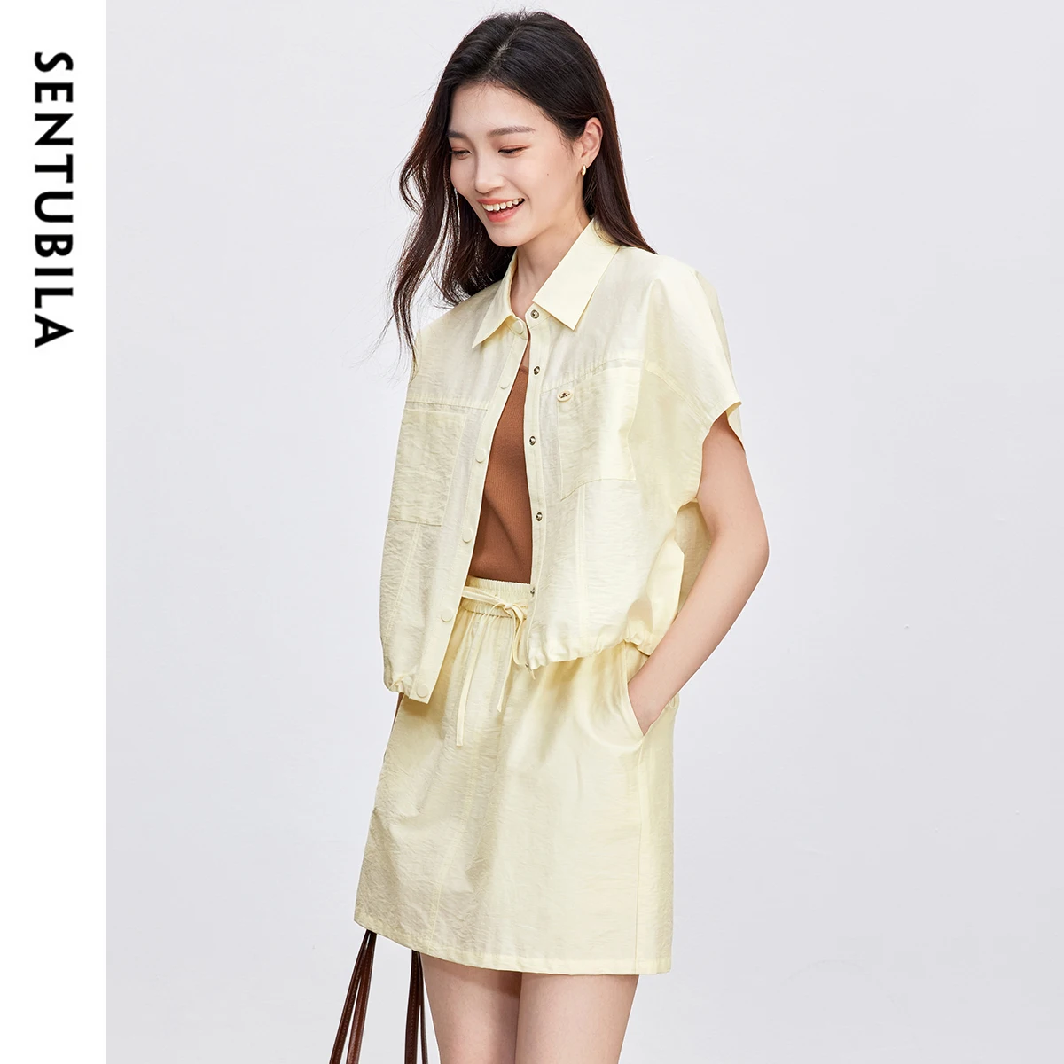 SENTUBILA Women's Two Pieces Set 2025 New Lapel Short Sleeve Shirt Elastic Waist Mini Skirt New In Matching Sets 152Z87899