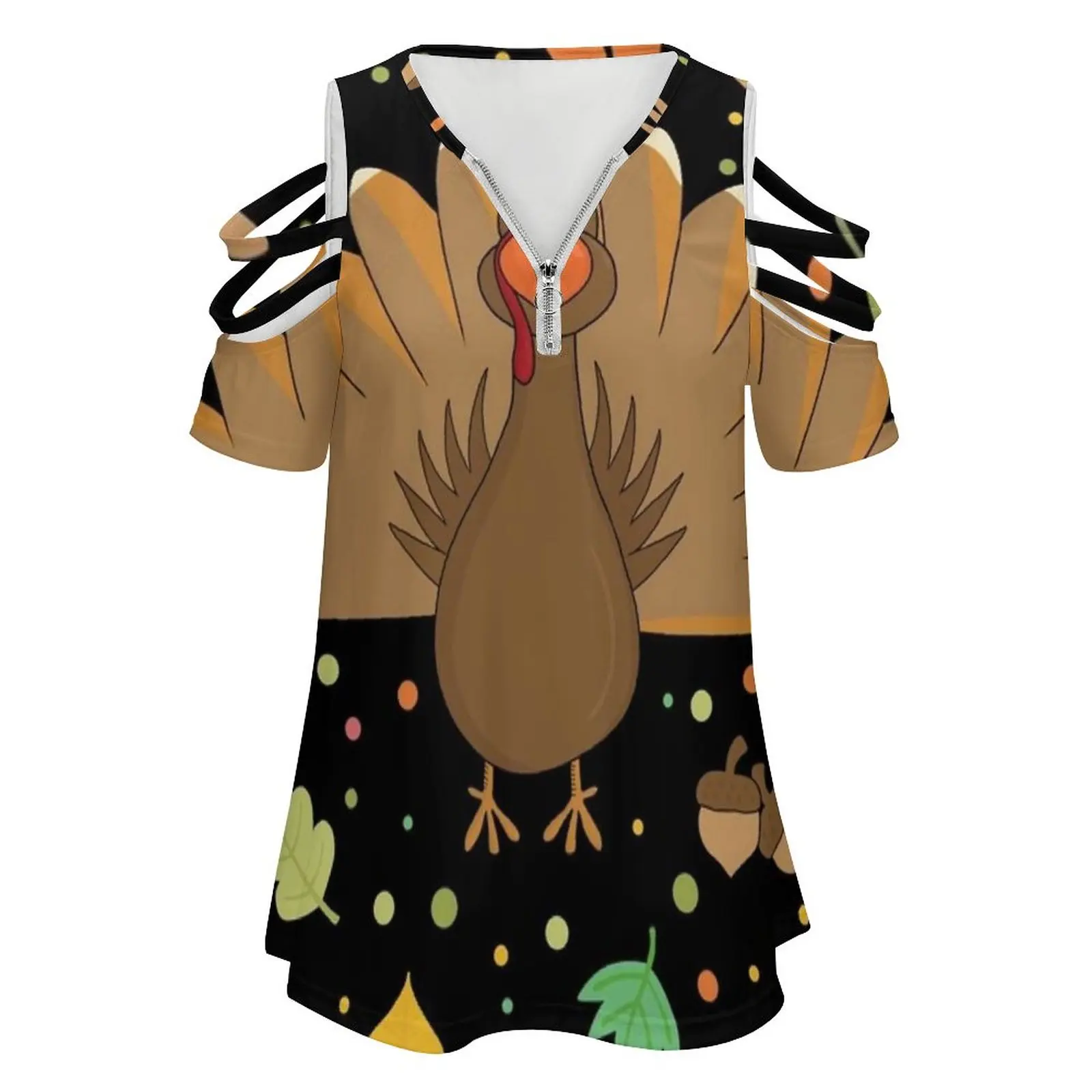 Thanksgiving Turkey Women's T-Shirt Summer Fashion Print Floral V-Neck Zipper Tshirt Hollow Pullover Ladies Top Thanksgiving