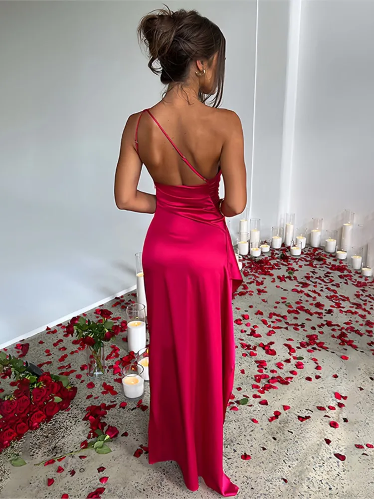 Sommer Sexy Eine Schulter Satin Langes Kleid Für Frauen Ärmelloses Rückenfreies High Split Party Abendkleider Elegantes Cocktailkleid