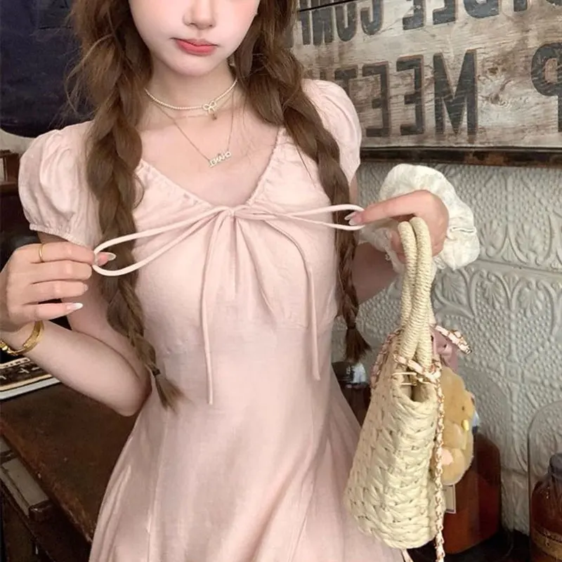 Women's Clothing French Style V-Neck Long Dress Stylish Drawstring Bow Summer Short Sleeve Vintage Elegant A-Line Waist Dresses